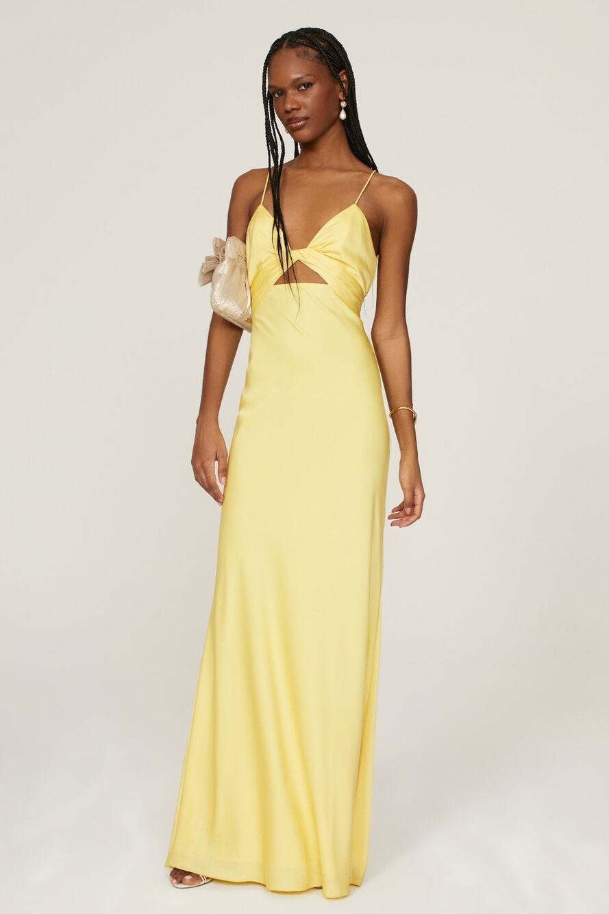 Mac Duggal Yellow Satin Twist Front Cut Out Slip Maxi Formal Gown Size 6